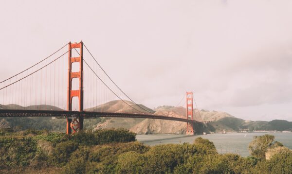 The golden gate bridge spans a bay.